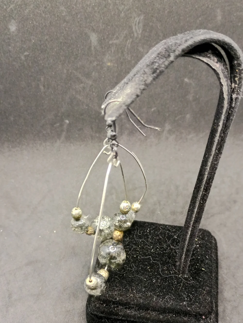 Silver Hoop Drop Earrings with Gray Crackle Beads